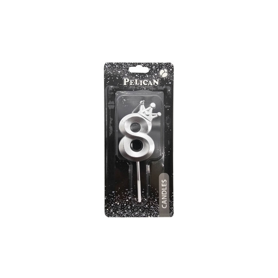 Свічка цифра 3D з короною "8", срібло 6см (863118)