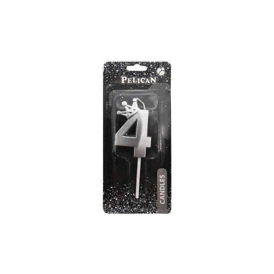 Свеча цифра 3D с короной "4", серебро 6см (863114)