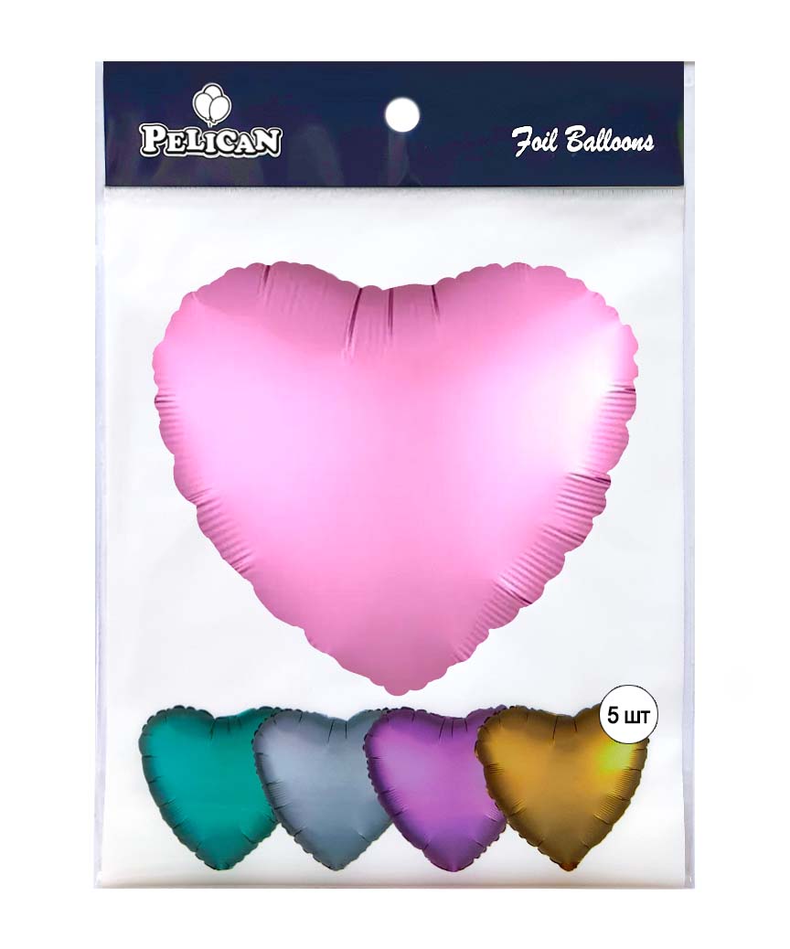 Кулька фольгована Pelican серце 18' (45см) сатин рожеве  (5шт) Рожевий Pelican (833636)