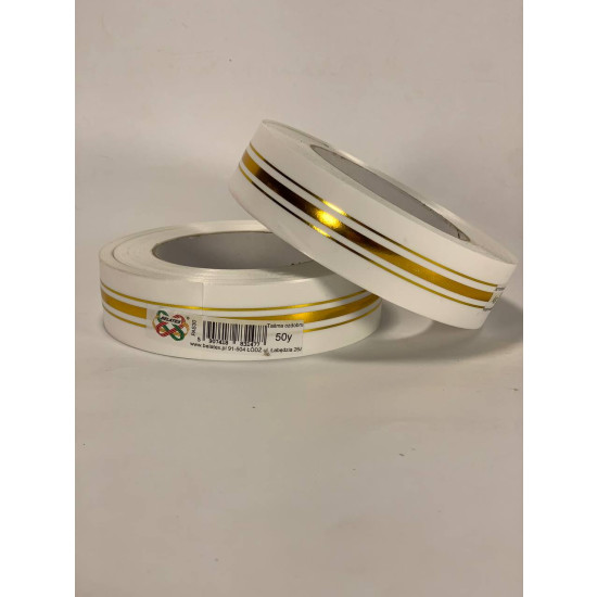 Лента пластиковая 3см, 50 ярд, белая  3 золотых полосы, BELATEX Белый Unison (PAS30 -white gold)