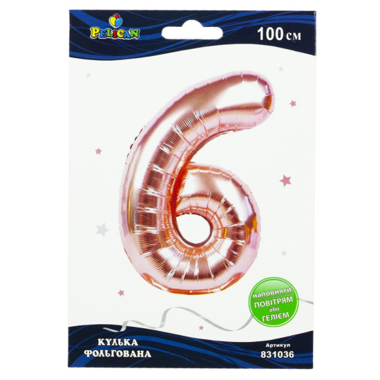 Цифра фольгированная Pelican, "6"  Розовое золото 100см Розовый Pelican (831036)