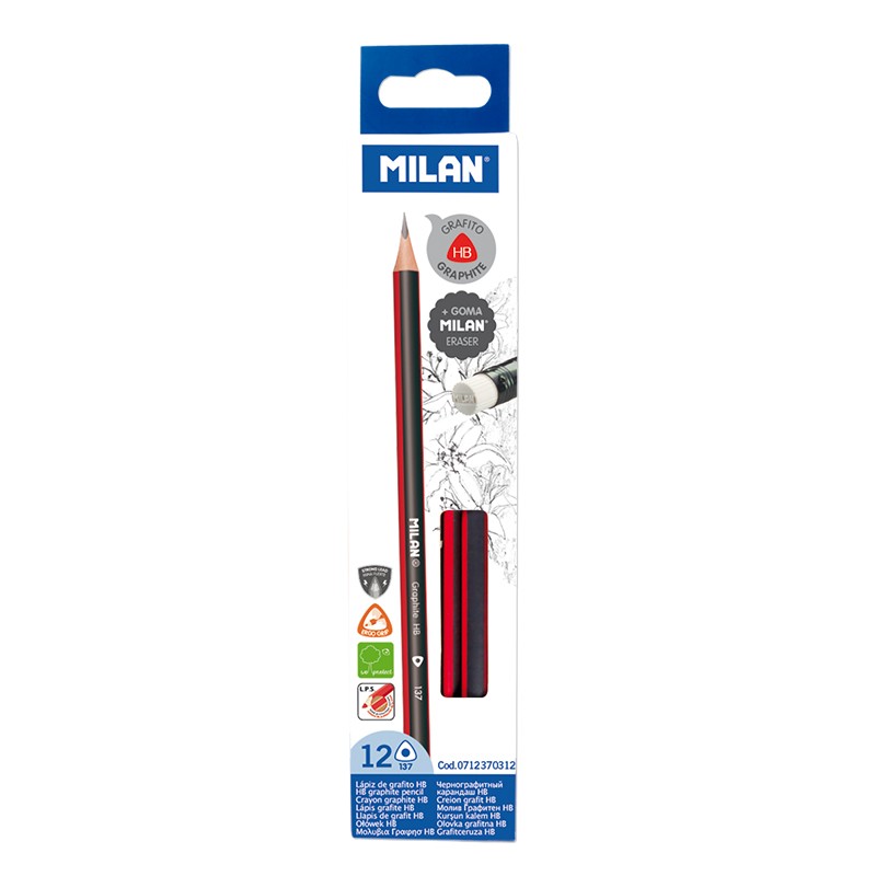 Олівець ч/гр, трикутний НВ з гумкою TM "MILAN2 12шт., D2,2mm (0712370312)