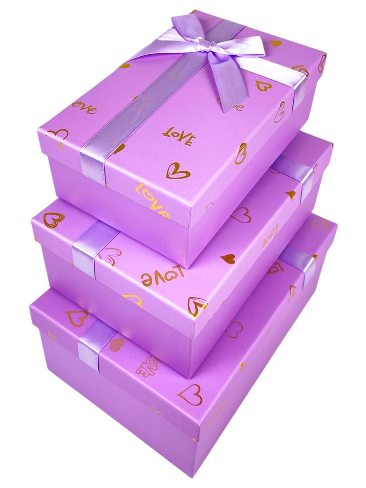 Коробка подарункова  Love з бантиком, бузкова з сердцями, набір - 3 шт (7023-49L lilac)