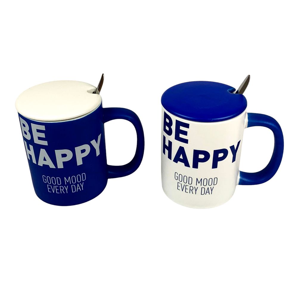 Чашка керамическая 400мл "Be Happy" с крышкой, ложкой, 2 вида (3271)