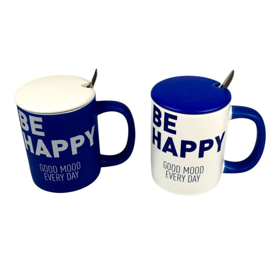 Чашка керамическая 400мл "Be Happy" с крышкой, ложкой, 2 вида (3271)