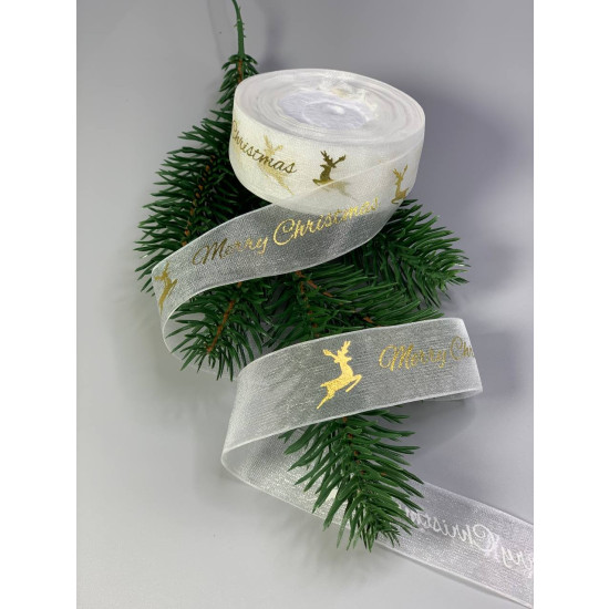 Лента с органзы новогодняя белая  25мм Merry Christmas, 25 ярд Белый Unison (D13701 white)