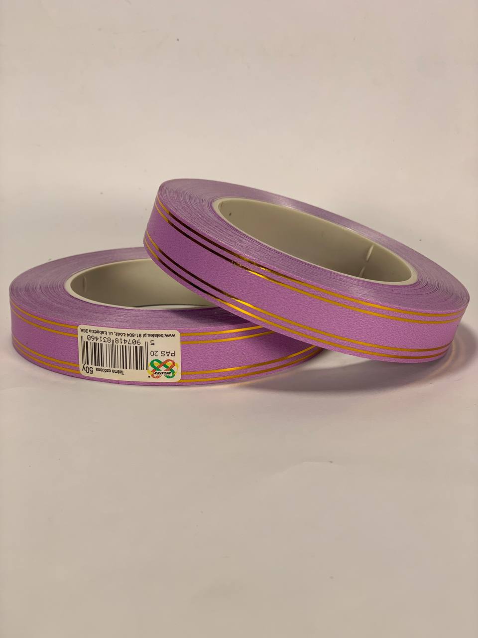 Лента пластиковая 2см, 50 ярд, сиреневая + 2 золотые полоски, BELATEX (PAS20 -2 lilac)