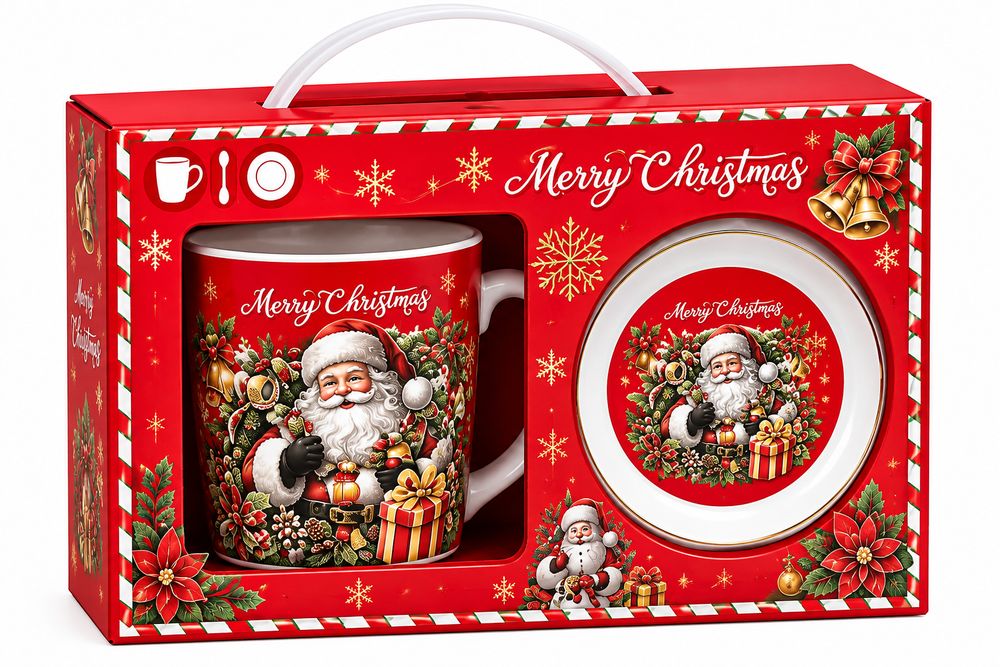 Чашка керамічна 350мл "Санта  з подарунками" із блюдцем, ложкою (Q-61-B)