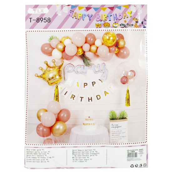 Набір декора до дня народження, КОРОНА в рожевих тонах (банер, кульки) Різнокольоровий Unison (T-8958)