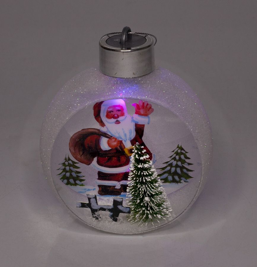 Елочный шар LED разным цветом 3D фигура "Дед Мороз в лесу" 11,5 х 9,5 х 6,5см Белый Unison (9965)