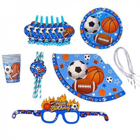 Набір до дня народження "М'ячі" на 6 персон, 36 предметів: окуляри, стакани, тарілки 18см, дудочки, ковпачки, трубочки Синій Без бренду (10325)