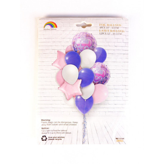 Набор из 16 шариков -4 фольгированных "18" 45 см и 12 латексных "12" 30,5 см, Princess Разноцветный Pelican (K-521 Princess)