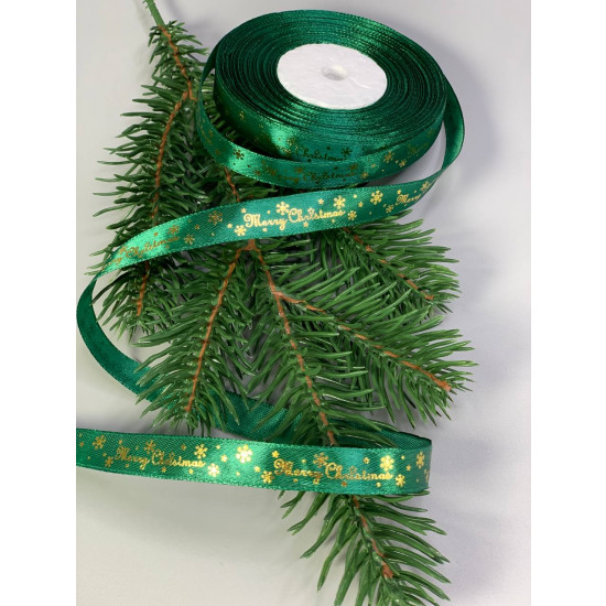 Лента атласная новогодняя Merry Christmas 12мм х 22м Зеленый Unison (D13212 green)