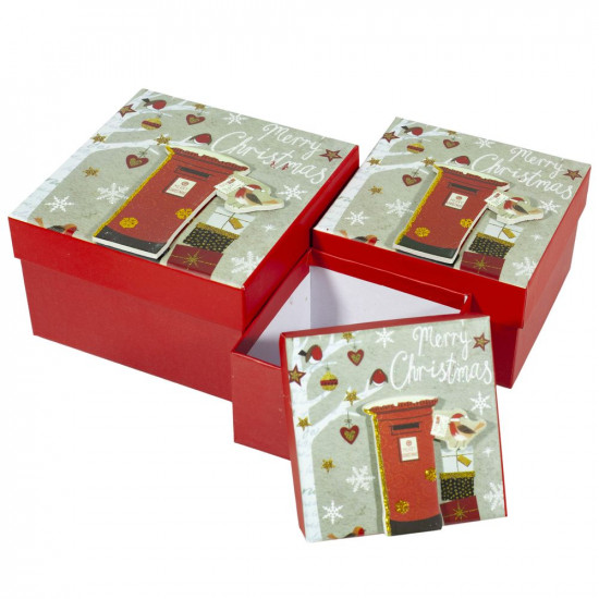 Новорічна подарункова коробка з 3D аплікацією та фольгуванням , L: 13*13*8 cm M: 11*11*7 cm  S: 9*9*6 cm,   набір - 3шт (BX516S)