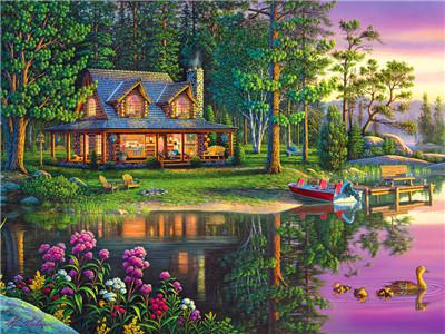 Картина за номерами 40 х 50см "Будиночок біля озера" Різнокольоровий Unison (RA3574)