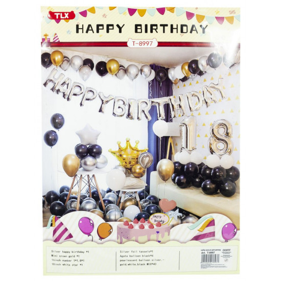 Набір декора Happy birthday 18. Дизайн в золотих, срібних, чорних  тонах  (банер, кульки) Різнокольоровий Unison (T-8997)