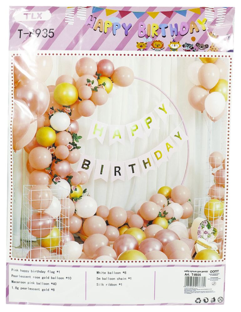 Набір декора до дня народження, дизайн рожевий с золотом (банер, кульки) Різнокольоровий Unison (T-8935)