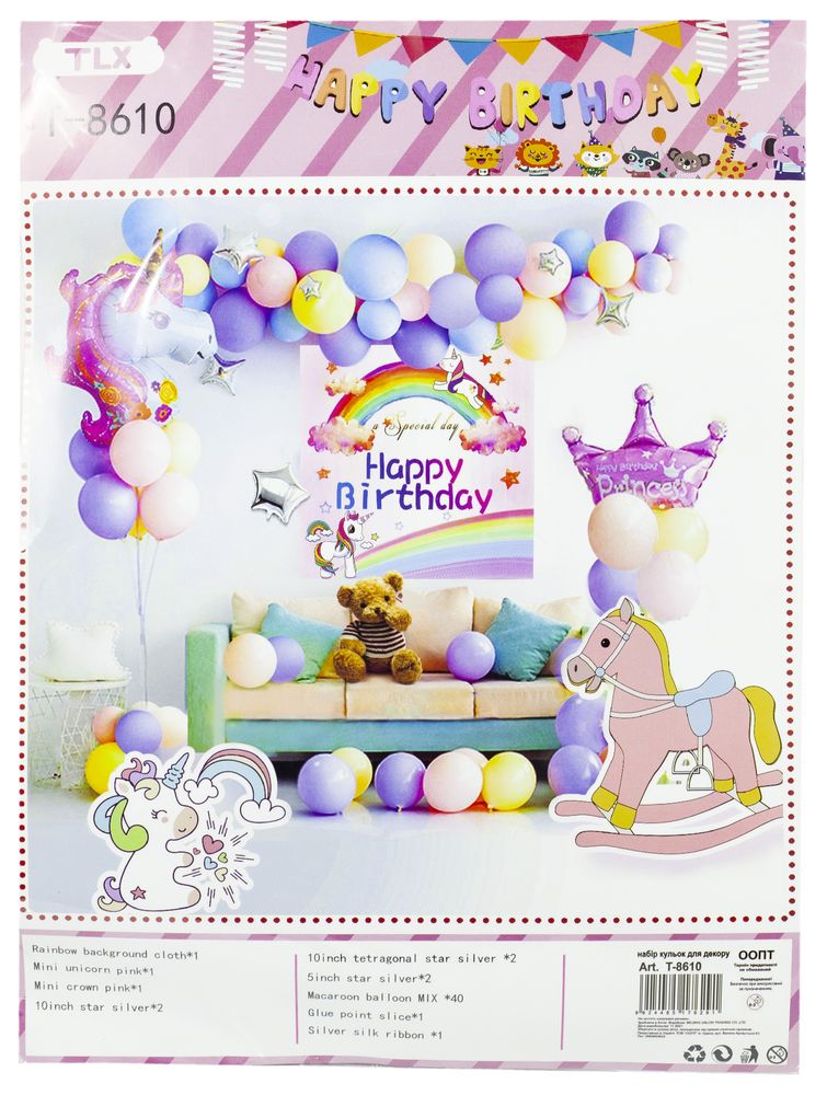 Набір декора до дня народження, Єдиноріг (банер, кульки) Різнокольоровий Unison (T-8610)