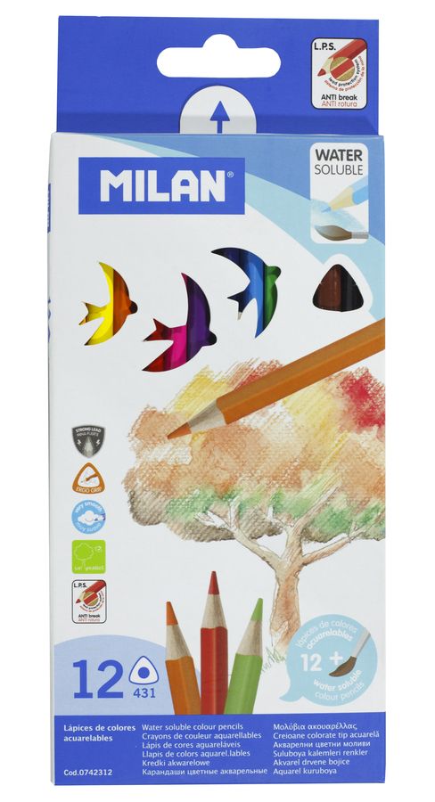 Набір кольорових олівців треугульних акварельні. 0742312 ТМ "MILAN" 12шт. з пензликом, D2,9mm Milan (0742312)