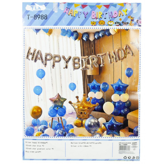 Набор декора ко дню рождения, дизайн синий с золотом (баннер, шарики). Разноцветный Unison (T-8988)