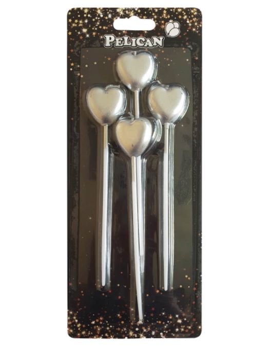 Набір свічок для торту "СЕРДЕЧКО на полочці",  срібло, 4шт/уп Срібний Pelican (868602)