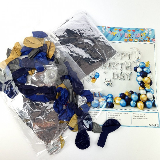 Фотозона із повітряних кульок "Happy birthday" срібло та синє Різнокольоровий Unison (T-8932)