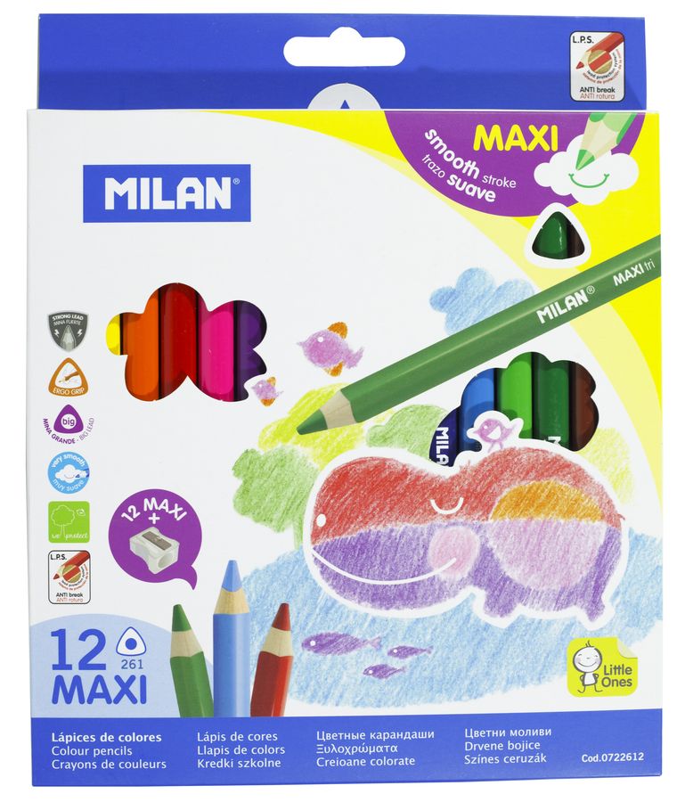 Набір кольорових олівців трикутних 0722612 "MAXI" ТМ "MILAN" 12шт. з точила, D5mm Milan (0722612)